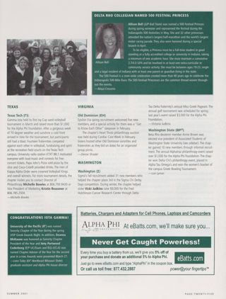 On Campus: Texas Tech (Gamma Iota), Summer 2001. On Campus: Delta Rho Collegian Named 500 Festival Princess. On Campus: Old Dominion (Epsilon Eta), Summer 2001. On Campus: Washington (Sigma), Summer 2001. On Campus: Washington State (Beta Rho), Summer 2001. Congratulations Iota Gamma!. eBatts Advertisement, Summer 2001