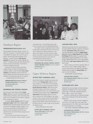 Alumnae Pride: Birmingham/Tuscaloosa, Ala., Summer 2001. Alumnae Pride: Richmond and Central Virginia, Summer 2001. Alumnae Pride: Detroit West Suburban, Mich., Summer 2001. Alumnae Pride: Ashland Area, Ohio, Summer 2001. Alumnae Pride: Cleveland East, Ohio, Summer 2001