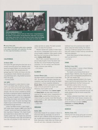 On Campus: CSU/San Bernardino (Eta Beta), Summer 2001. On Campus: UC/Davis (Epsilon Rho), Summer 2001. On Campus: USC (Beta Pi), Summer 2001. On Campus: Eastern Illinois (Zeta Alpha), Summer 2001. On Campus: Butler (Epsilon Beta), Summer 2001. On Campus: Northern Iowa (Epsilon Theta), Summer 2001. On Campus: Wichita State (Gamma Xi), Summer 2001