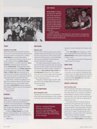 On Campus: North Dakota (Pi), Fall 2001. On Campus: Got Milk?. On Campus: Northern Iowa (Epsilon Theta), Fall 2001. On Campus: Washburn (Upsilon), Fall 2001. On Campus: Missouri (Omicron), Fall 2001. On Campus: New Hampshire (Eta Alpha), Fall 2001. On Campus: Syracuse (Alpha), Fall 2001. On Campus: East Carolina (Delta Alpha), Fall 2001