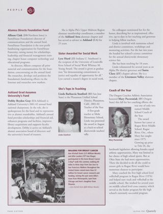 People: Alumna Directs Foundation Fund. People: Ashland Grad Assumes University's Fund. People: Sister Awarded for Social Work. People: She's Tops in Teaching. People: Coach of the Year. People: Walking for Breast Cancer