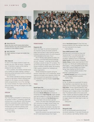 On Campus: Ohio State (Rho), Summer 2002. On Campus: Linfield (Theta Alpha), Summer 2002. On Campus: Duquesne (Epsilon Iota), Summer 2002. On Campus: North Texas (Gamma Eta), Summer 2002. On Campus: Texas A&M/Commerce (Delta Beta), Summer 2002. On Campus: Texas Tech (Gamma Iota), Summer 2002. On Campus: Marquette (Eta Mu), Summer 2002