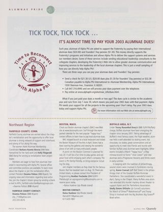 Tick Tock, Tick Tock...It's Almost Time to Pay Your 2003 Alumnae Dues!. Alumnae Pride: Fairfield County, Conn., Summer 2002. Alumnae Pride: Boston, Mass., Summer 2002. Alumnae Pride: Buffalo Area, N.Y., Summer 2002