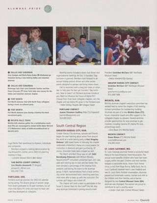 Alumnae Pride: San Mateo County, Calif., Summer 2002, Continued. Alumnae Pride: Portland, Ore., Summer 2002. Alumnae Pride: Greater Kansas City, Kan., Summer 2002. Alumnae Pride: Wichita, Kan., Summer 2002. Alumnae Pride: St. Louis Gateway, Mo., Summer 2002. Alumnae Pride: Dallas and Suburban, Texas, Summer 2002, Continued. Alumnae Pride: Fort Worth, Texas, Summer 2002, Continued. Alumnae Pride: Wichita Falls, Texas, Summer 2002, Continued