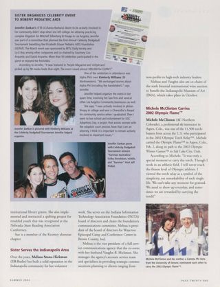 People: Sue Divan Recognized by Peers, Continued. People: Sister Organizes Celebrity Event to Benefit Pediatric AIDS. People: Sister Serves the Indianapolis Area. People: Michele McClinton Carries 2002 Olympic Flame