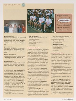 Alumnae Pride: East Bay, Calif., Fall 2002, Continued. Alumnae Pride: Wichita Area, Kan., Fall 2002. Alumnae Pride: Sacramento Area, Calif., Fall 2002. Alumnae Pride: Greater Seattle, Wash., Fall 2002. Alumnae Pride: St. Louis Gateway, Mo., Fall 2002, Continued. Alumnae Pride: Dallas and Suburban, Texas, Fall 2002, Continued. Alumnae Pride: Far North Dallas and Surrounding Counties, Texas, Fall 2002, Continued