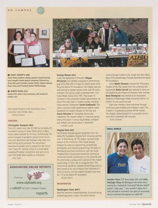 On Campus: Saint Joseph's (Theta Theta), Fall 2002, Continued. On Campus: North Texas (Gamma Eta), Fall 2002, Continued. On Campus: Christopher Newport (Theta Phi), Fall 2002. On Campus: George Mason (Eta Lambda), Fall 2002. On Campus: Virginia Tech (Eta Omicron), Fall 2002. On Campus: Washington State (Beta Rho), Fall 2002. Small World, Fall 2002