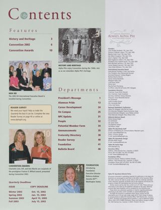Alpha Phi Quarterly, Vol. 114, No. 4, Fall 2002 Table of Contents