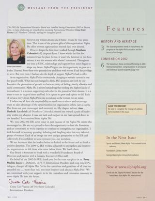 Alpha Phi Quarterly, Vol. 114, No. 4, Fall 2002 Table of Contents, Continued. Message From the President, Fall 2002