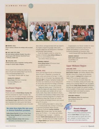 Alumnae Pride: Charlotte, N.C., Winter 2003, Continued. Alumnae Pride: Phoenix, Ariz., Winter 2003. We Salute These Alpha Phis Who Serve as Alumnae Panhellenic Presidents, Winter 2003. Alumnae Pride: Denver, Colo., Winter 2003. Alumnae Pride: Salt Lake City, Utah, Winter 2003. Alumnae Pride: Ashland, Ohio, Winter 2003. Alumnae Pride: Phoenix Alumna Coaches Volleyball