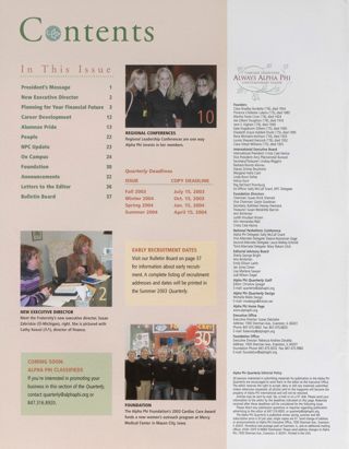 Alpha Phi Quarterly, Vol. 115, No. 2, Spring 2003 Table of Contents