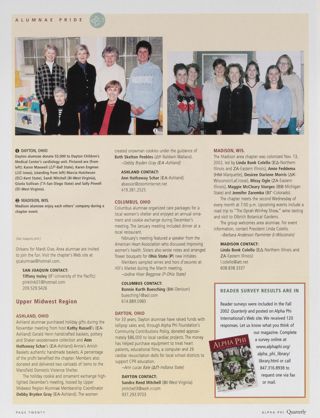 Alumnae Pride: San Joaquin, Calif., Spring 2003, Continued. Alumnae Pride: Ashland, Ohio, Spring 2003. Alumnae Pride: Columbus, Ohio, Spring 2003. Alumnae Pride: Dayton, Ohio, Spring 2003. Alumnae Pride: Madison, Wis., Spring 2003. Reader Survey Results Are In