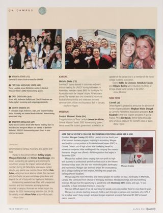 On Campus: Illinois (Beta Alpha), Spring 2003, Continued. On Campus: Wichita State (Gamma Xi), Spring 2003. On Campus: Central Missouri State (Theta Lambda), Spring 2003. On Campus: Cornell (Delta), Spring 2003. On Campus: Iota Theta Sister's College Accounting Position Lands Her a Job. On Campus: East Carolina (Delta Alpha), Spring 2003, Continued. On Campus: North Dakota (Pi), Spring 2003, Continued. On Campus: Baldwin Wallace (Delta Upsilon), Spring 2003, Continued