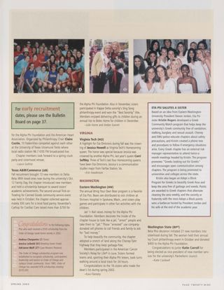 On Campus: Texas (Omega), Spring 2003, Continued. On Campus: Texas A&M/Commerce Delta Beta), Spring 2003. On Campus: Order of Omega, Spring 2003. On Campus: Virginia Tech (Eta Omicron), Spring 2003. On Campus: Eastern Washington (Eta Psi), Spring 2003. On Campus: Washington State (Beta Rho), Spring 2003. On Campus: Eta Psi Salutes a Sister