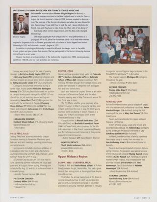 Alumnae Pride: Long Beach, Calif., Summer 2003, Continued. Alumnae Pride: Jacksonville Alumna Paves Path for Today's Female Musicians. Alumnae Pride: Pikes Peak, Colo., Summer 2003. Alumnae Pride: Denver, Colo., Summer 2003. Alumnae Pride: Detroit West Suburban, Mich., Summer 2003. Alumnae Pride: Ashland, Ohio, Summer 2003