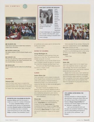 On Campus: Delaware (Epsilon Nu), Winter 2004. On Campus: Rochester (Theta Kappa) Collegians in Politics. On Campus: Duke (Beta Nu) Sisters Are Involved. On Campus: George Washington (Iota Iota), Winter 2004. On Campus: Eastern Illinois (Zeta Alpha), Winter 2004. On Campus: Illinois (Beta Alpha), Winter 2004. On Campus: Butler (Epsilon Beta), Winter 2004. On Campus: Iota Gamma Sister Works for Senator. On Campus: Elmhurst (Zeta Xi), Winter 2004, Continued. On Campus: Indiana (Beta Tau), Winter 2004, Continued