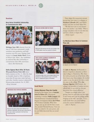 Reunions: Beta Betas Establish Scholarship to Commemorate 40th. Reunions: Delta Sigmas Meet After 20 Years. Reunions: Omicrons Hold Special Reunion. Reunions: Epsilon Sisters Keep in Touch. Reunions: Beta Kappa Alumnae Celebrate 60 Years of Sisterhood. Small World: Sisters Discover They Are Family. Small World: Co-Workers Have More in Common Than Job