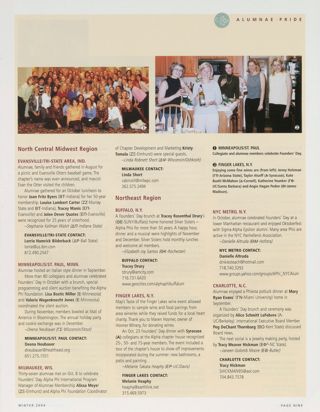 Alumnae Pride: Evansville/Tri-State Area, Ind., Winter 2004. Alumnae Pride: Minneapolis/St. Paul, Minn., Winter 2004. Alumnae Pride: Milwaukee, Wis., Winter 2004. Alumnae Pride: Buffalo, N.Y., Winter 2004. Alumnae Pride: Finger Lakes, N.Y., Winter 2004. Alumnae Pride: NYC Metro, N.Y., Winter 2004. Alumnae Pride: Charlotte, N.C., Winter 2004