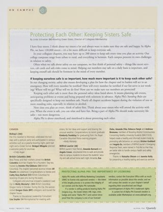 Protecting Each Other: Keeping Sisters Safe. On Campus: Bishop's (Eta Chi), Spring 2004. On Campus: British Columbia (Beta Theta), Spring 2004. On Campus: Wilfrid Laurier (Iota Theta), Spring 2004. Protecting Alpha Phi: The Importance of Licensing