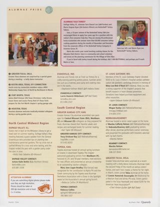 Alumnae Pride: Alumnae Talk Turkey. Alumnae Pride: DuPage Valley, Ill., Summer 2004. Alumnae Pride: Evansville, Ind., Summer 2004. Alumnae Pride: Greater Kansas City, Kan., Summer 2004. Alumnae Pride: Topeka, Kan., Summer 2004. Alumnae Pride: St. Louis Gateway, Mo., Summer 2004. Alumnae Pride: Nebraska/Kearney, Summer 2004. Alumnae Pride: Greater Tulsa, Okla., Summer 2004. Alumnae Pride: Austin Area, Texas, Ivy Connection, Summer 2004, Continued. Alumnae Pride: Fort Worth, Texas, Summer 2004, Continued. Alumnae Pride: Houston, Texas, Summer 2004, Continued