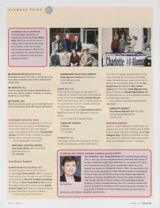 Alumnae Pride: Southwest OPC Is Deputy DA. Alumnae Pride: Northwest Houston, Texas, Summer 2004. Alumnae Pride: Birmingham/Tuscaloosa, Ala., Summer 2004. Alumnae Pride: Tampa Bay, Fla., Summer 2004. Alumnae Pride: Charlotte, N.C., Summer 2004. Alumnae Pride: Richmond and Central Virginia Alumnae Salute a Sister. Alumnae Pride: Northern Virginia, Summer 2004. Alumnae Pride: Phoenix, Ariz., Summer 2004, Continued