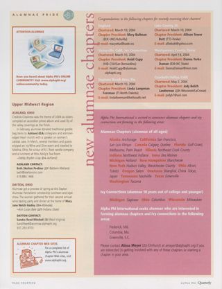 Alumnae Pride: Attention Alumnae, Summer 2004. Alumnae Pride: Ashland, Ohio, Summer 2004. Alumnae Pride: Dayton, Ohio, Summer 2004. Alumnae Pride: Alumnae Chapter Web Sites, Summer 2004. Alumnae Pride: New Alumnae Chapters, Summer 2004