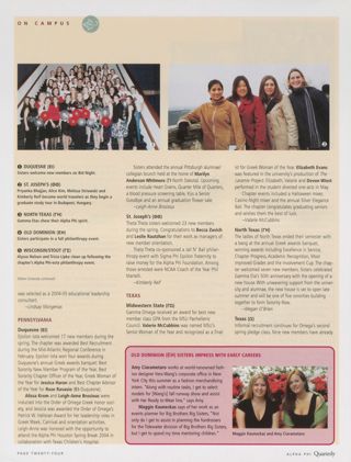 On Campus: Miami University (Gamma Nu), Summer 2004, Continued. On Campus: Duquesne (Epsilon Iota), Summer 2004. On Campus: St. Joseph's (Theta Theta), Summer 2004. On Campus: Midwestern State (Gamma Omega), Summer 2004. On Campus: North Texas (Gamma Eta), Summer 2004. On Campus: Texas (Omega), Summer 2004. On Campus: Old Dominion (Epsilon Eta) Sisters Impress With Early Careers. On Campus: Old Dominion (Epsilon Eta), Summer 2004, Continued. On Campus: Wisconsin/Stout (Gamma Sigma), Summer 2004, Continued