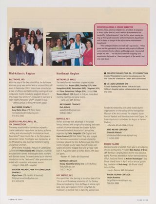 Alumnae Pride: Houston Alumna Is Cruise Director. Alumnae Pride: Baltimore, Md., Summer 2004. Alumnae Pride: Greater Philadelphia Ivy Connection, Pa., Summer 2004. Alumnae Pride: Metrowest, Mass., Summer 2004. Alumnae Pride: Buffalo, N.Y., Summer 2004. Alumnae Pride: NYC Metro, N.Y., Summer 2004. Alumnae Pride: Rhode Island, Summer 2004. Alumnae Pride: St. Louis Gateway, Mo., Summer 2004, Continued