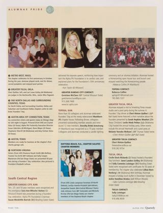 Alumnae Pride: Metro West, Mass., Winter 2005. Alumnae Pride: Greater Kansas City, Kan., Winter 2005. Alumnae Pride: Topeka, Kan., Winter 2005. Alumnae Pride: Daytona Beach, Fla., Chapter Salutes Charter Members. Alumnae Pride: Greater Tulsa, Okla., Winter 2005. Alumnae Pride: Tulsa, Okla., Winter 2005. Alumnae Pride: Austin Area Ivy Connection, Texas, Winter 2005, Continued. Alumnae Pride: Austin, Texas, Winter 2005, Continued. Alumnae Pride: Far North Dallas and Surrounding Counties, Texas, Winter 2005, Continued. Alumnae Pride: Northern Virginia, Winter 2005, Continued