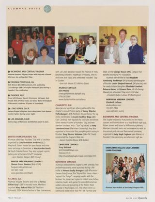 Alumnae Pride: Winter Park/Orlando, Fla., Winter 2005. Alumnae Pride: Atlanta, Ga., Winter 2005. Alumnae Pride: Charlotte, N.C., Winter 2005. Alumnae Pride: Northern Virginia, Winter 2005. Alumnae Pride: Richmond and Central Virginia, Winter 2005. Alumnae Pride: Saddleback Valley, Calif., Sisters Learn Together. Alumnae Pride: Virginia Peninsula, Va., Winter 2005, Continued. Alumnae Pride: Phoenix, Ariz., Winter 2005, Continued. Alumnae Pride: Long Beach, Calif., Winter 2005, Continued. Alumnae Pride: Los Angeles, Calif., Winter 2005, Continued