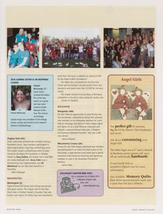 On Campus: Duquesne (Epsilon Iota), Winter 2005, Continued. On Campus: Zeta Gamma Sister Is an Inspiring Leader. On Campus: Virginia Tech (Eta Omicron), Winter 2005. On Campus: Washington (Sigma), Winter 2005. On Campus: Marquette (Eta Mu), Winter 2005. On Campus: Wisconsin/La Crosse (Delta Kappa), Winter 2005. On Campus: Collegiate Chapter Web Sites. Angel Girls Advertisement, Winter 2005