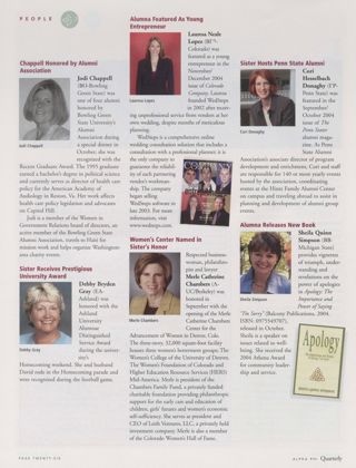 People: Chappell Honored by Alumni Association. People: Sister Receives Prestigious University Award. People: Alumna Featured as Young Entrepreneur. People: Women's Center Named in Sister's Honor. People: Sister Hosts Penn State Alumni. People: Alumna Releases New Book