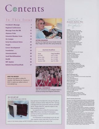 Alpha Phi Quarterly, Vol. 117, No. 1, Spring 2005 Table of Contents