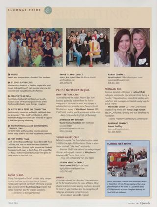 Alumnae Pride: Rhode Island, Summer 2005. Alumnae Pride: St. Louis Gateway, Summer 2005. Alumnae Pride: Monterey Bay, Calif., Summer 2005. Alumnae Pride: Silicon Valley, Calif., Summer 2005. Alumnae Pride: Hawaii, Summer 2005. Alumnae Pride: Portland Ore., Summer 2005. Alumnae Pride: Planning for a Region. Alumnae Pride: Austin Area, Texas, Ivy Connection, Summer 2005, Continued. Alumnae Pride: Greater Tulsa, Okla., Summer 2005, Continued. Alumnae Pride: Far North Dallas and Surrounding Counties, Texas, Summer 2005, Continued. Alumnae Pride: Fort Worth, Texas, Summer 2005, Continued