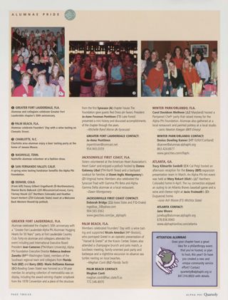 Alumnae Pride: Greater Fort Lauderdale, Fla., Summer 2005. Alumnae Pride: Jacksonville First Coast, Fla., Summer 2005. Alumnae Pride: Palm Beach, Fla., Summer 2005. Alumnae Pride: Winter Park/Orlando, Fla., Summer 2005. Alumnae Pride: Atlanta, Ga., Summer 2005. Alumnae Pride: Attention Alumnae, Summer 2005. Alumnae Pride: Charlotte, N.C., Summer 2005, Continued. Alumnae Pride: San Fernando Valley, Calif., Summer 2005, Continued. Alumnae Pride: Denver, Colo., Summer 2005, Continued