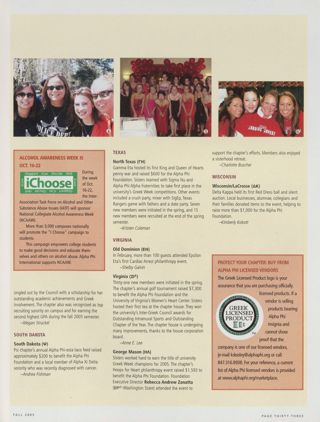 On Campus: St. Joseph's (Theta Theta), Fall 2005, Continued. On Campus: Rhode Island (Iota Delta), Fall 2005, Continued. On Campus: Alcohol Awareness Week Is Oct. 16-22. On Campus: South Dakota (Psi), Fall 2005. On Campus: North Texas (Gamma Eta), Fall 2005. On Campus: Old Dominion (Epsilon Eta), Fall 2005. On Campus: Virginia (Zeta Iota), Fall 2005. On Campus: George Mason (Eta Lambda), Fall 2005. On Campus: Wisconsin/LaCrosse (Delta Kappa), Fall 2005. Protect Your Chapter: Buy From Alpha Phi Licensed Vendors
