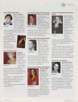 People: Author Writes Third Novel. People: Sister Is Calendar Girl. People: Three-Peat for High Life Achievement. People: Alumna Is Miss Asian America Finalist. People: Sister Is Crowned Miss South Dakota. People: Professor Recognized With National Award. People: Sister Is Mrs. New Mexico