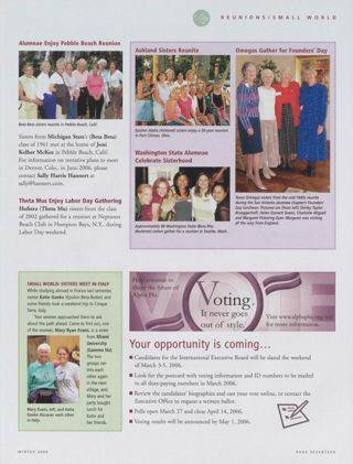 Reunions: Alumnae Enjoy Pebble Beach Reunion. Reunions: Theta Mus Enjoy Labor Day Gathering. Reunions: Ashland Sisters Reunite. Reunions: Washington State Alumnae Celebrate Sisterhood. Reunions: Omegas Gather for Founders' Day. Small World: Sisters Meet in Italy. Your Opportunity Is Coming