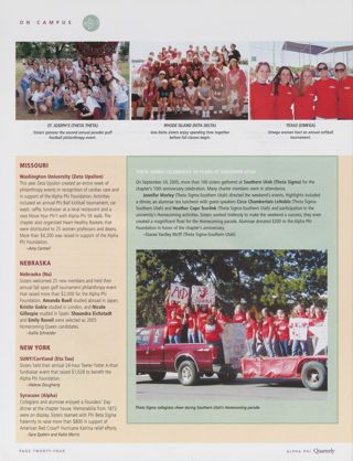 On Campus: Washington University (Zeta Upsilon), Winter 2006. On Campus: Nebraska (Nu), Winter 2006. On Campus: SUNY/Cortland (Eta Tau), Winter 2006. On Campus: Syracuse (Alpha), Winter 2006. On Campus: Theta Sigma Celebrates 10 Years at Southern Utah. On Campus: St. Joseph's (Theta Theta), Winter 2006, Continued. On Campus: Rhode Island (Iota Delta), Winter 2006, Continued. On Campus: Texas (Omega), Winter 2006, Continued