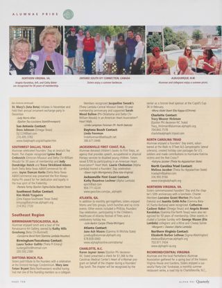 Alumnae Pride: San Antonio, Texas, Winter 2006, Continued. Alumnae Pride: Southwest Dallas, Texas, Winter 2006. Alumnae Pride: Birmingham/Tuscaloosa, Ala., Winter 2006. Alumnae Pride: Daytona Beach, Fla., Winter 2006. Alumnae Pride: Jacksonville First Coast, Winter 2006. Alumnae Pride: Atlanta, Ga., Winter 2006. Alumnae Pride: Charlotte, N.C., Winter 2006. Alumnae Pride: North Carolina Triad, Winter 2006. Alumnae Pride: Northern Virginia, Va., Winter 2006. Alumnae Pride: Richmond/Central Virginia, Winter 2006. Alumnae Pride: Albuquerque, N.M., Winter 2006, Continued. Alumnae Pride: Ontario South Ivy Connection, Canada, Winter 2006, Continued