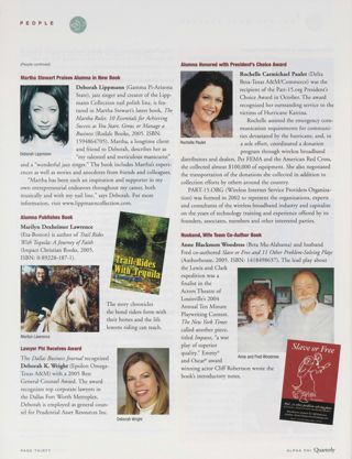 People: Martha Stewart Praises Alumna in New Book. People: Alumna Publishes Book. People: Lawyer Phi Receives Award. People: Alumna Honored With President's Choice Award. People: Husband, Wife Team Co-Author Book