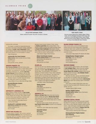 Alumnae Pride: Dallas and Suburban, Texas, Spring 2006, Continued. Alumnae Pride: Fort Worth, Texas, Spring 2006, Continued. Alumnae Pride: Jacksonville First Coast, Fla., Spring 2006, Continued. Alumnae Pride: Sarasota/Manatee, Fla., Spring 2006. Alumnae Pride: Southeast/Ft. Lauderdale, Fla., Spring 2006. Alumnae Pride: Winter Park/Orlando, Fla., Spring 2006. Alumnae Pride: Atlanta, Ga., Spring 2006. Alumnae Pride: Greenville, N.C., Spring 2006. Alumnae Pride: Raleigh/Durham Triangle, N.C., Spring 2006. Alumnae Pride: Northern Virginia, Spring 2006. Alumnae Pride: Richmond/Central Virginia, Spring 2006