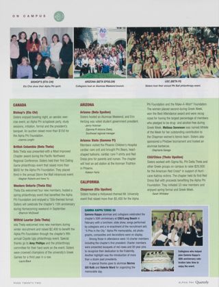 On Campus: Bishop's (Eta Chi), Summer 2006. On Campus: British Columbia (Beta Theta), Summer 2006. On Campus: Western Ontario (Theta Eta), Summer 2006. On Campus: Wilfrid Laurier (Iota Theta), Summer 2006. On Campus: Arizona (Beta Epsilon), Summer 2006. On Campus: Arizona State (Gamma Pi), Summer 2006. On Campus: Chapman (Eta Upsilon), Summer 2006. On Campus: CSU/Chico (Theta Upsilon), Summer 2006. On Campus: Gamma Kappa Turns 50. On Campus: USC (Beta Pi), Summer 2006, Continued