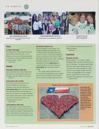 On Campus: West Chester (Epsilon Kappa), Summer 2006, Continued. On Campus: St. Mary's (Iota Beta), Summer 2006. On Campus: Christopher Newport (Theta Phi), Summer 2006. On Campus: George Mason (Eta Lambda), Summer 2006. On Campus: James Madison (Theta Iota), Summer 2006. On Campus: Old Dominion (Epsilon Eta), Summer 2006. On Campus: Marquette (Eta Mu), Summer 2006. On Campus: Omegas Co-Host "Go Red for Women" Event