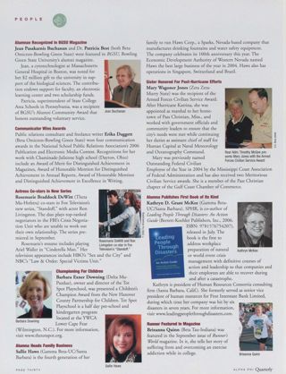 People: Alumnae Recognized in BGSU Magazine. People: Communicator Wins Awards. People: Actress Co-Stars in New Series. People: Championing for Children. People: Alumna Heads Family Business. People: Sister Honored for Post-Hurricane Efforts. People: Alumna Publishes First Book of Its Kind. People: Runner Featured in Magazine