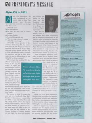 President's Message: Alpha Phi in 2001. The Alpha Phi International Fraternity Directory, Summer 1997