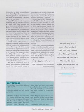 President's Message: Alpha Phi in 2001, Continued. Corrections, Summer 1997