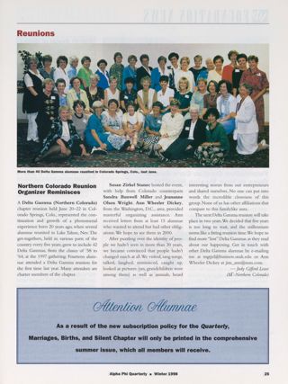 Alumnae Focus: Reunions: Northern Colorado Reunion Organizer Reminisces. Attention Alumnae