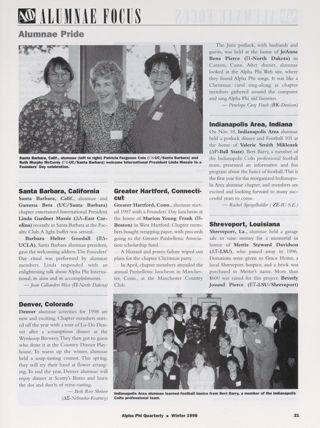 Alumnae Focus: Alumnae Pride: Santa Barbara, California, Winter 1998. Alumnae Focus: Alumnae Pride: Denver, Colorado, Winter 1998. Alumnae Focus: Alumnae Pride: Greater Hartford, Connecticut, Winter 1998. Alumnae Focus: Alumnae Pride: Indianapolis, Indiana, Winter 1998. Alumnae Focus: Alumnae Pride: Shreveport, Louisiana, Winter 1998