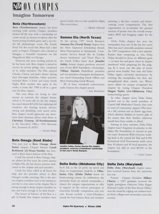 On Campus: Imagine Tomorrow: Beta (Northwestern), Winter 1998. On Campus: Imagine Tomorrow: Beta Omega (Kent State), Winter 1998. On Campus: Imagine Tomorrow: Gamma Eta (North Texas), Winter 1998. On Campus: Imagine Tomorrow: Delta Delta (Oklahoma City), Winter 1998. On Campus: Imagine Tomorrow: Delta Zeta (Maryland), Winter 1998